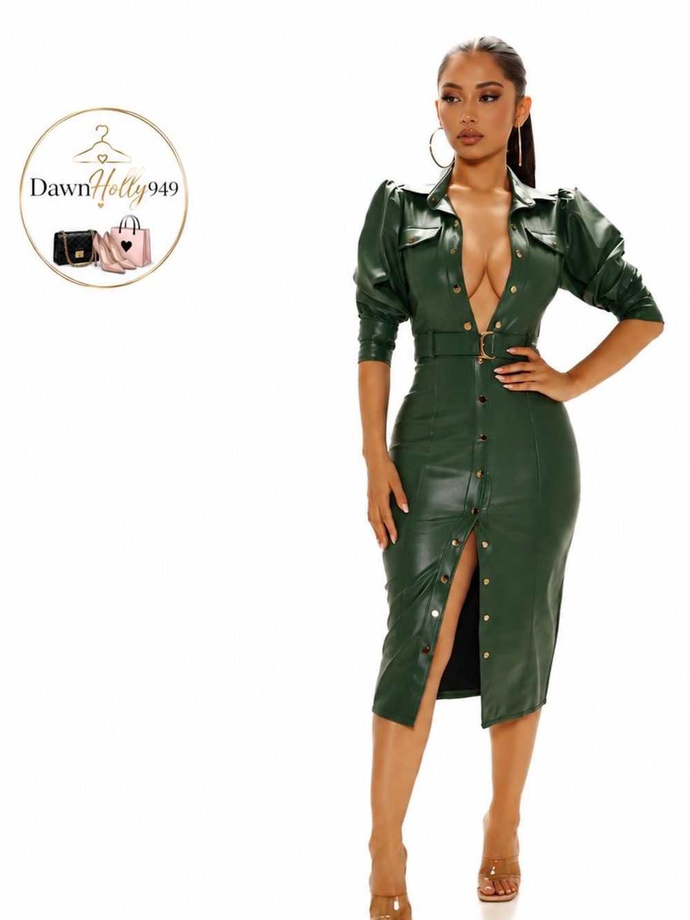 Fashion Nova Forest Green Faux Leather Button-Front Midi Dress